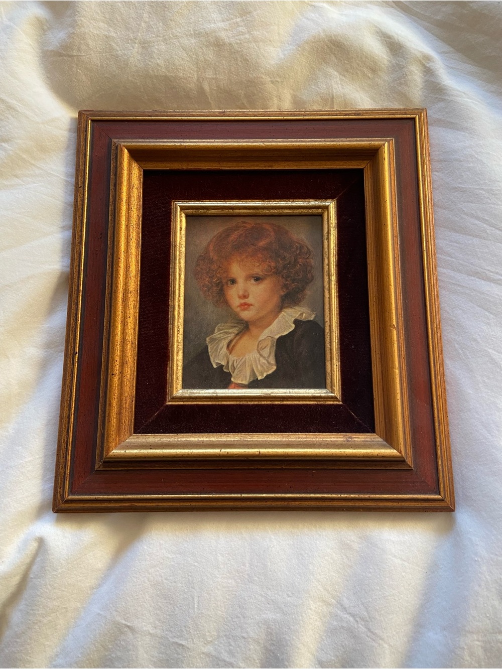 Portrait of a Young Boy Art Print Framed Gold and Red Velvet Matting Vintage